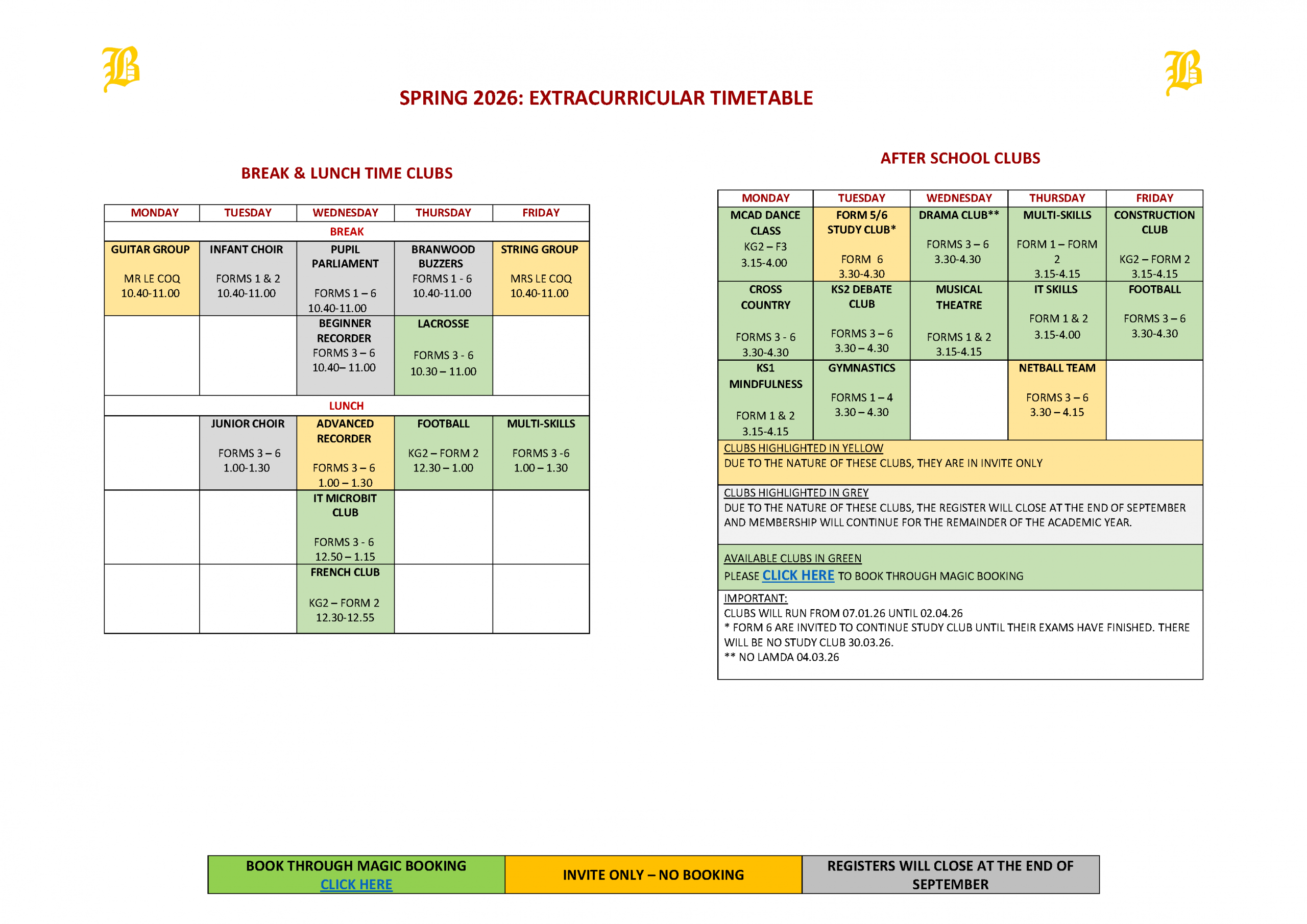 Spring 2026 Timetable